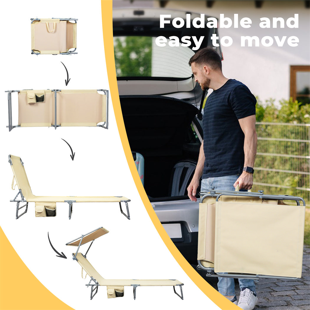 Folding Beach Lounge Chair Portable Sun Lounger Deck Outdoor Khaki