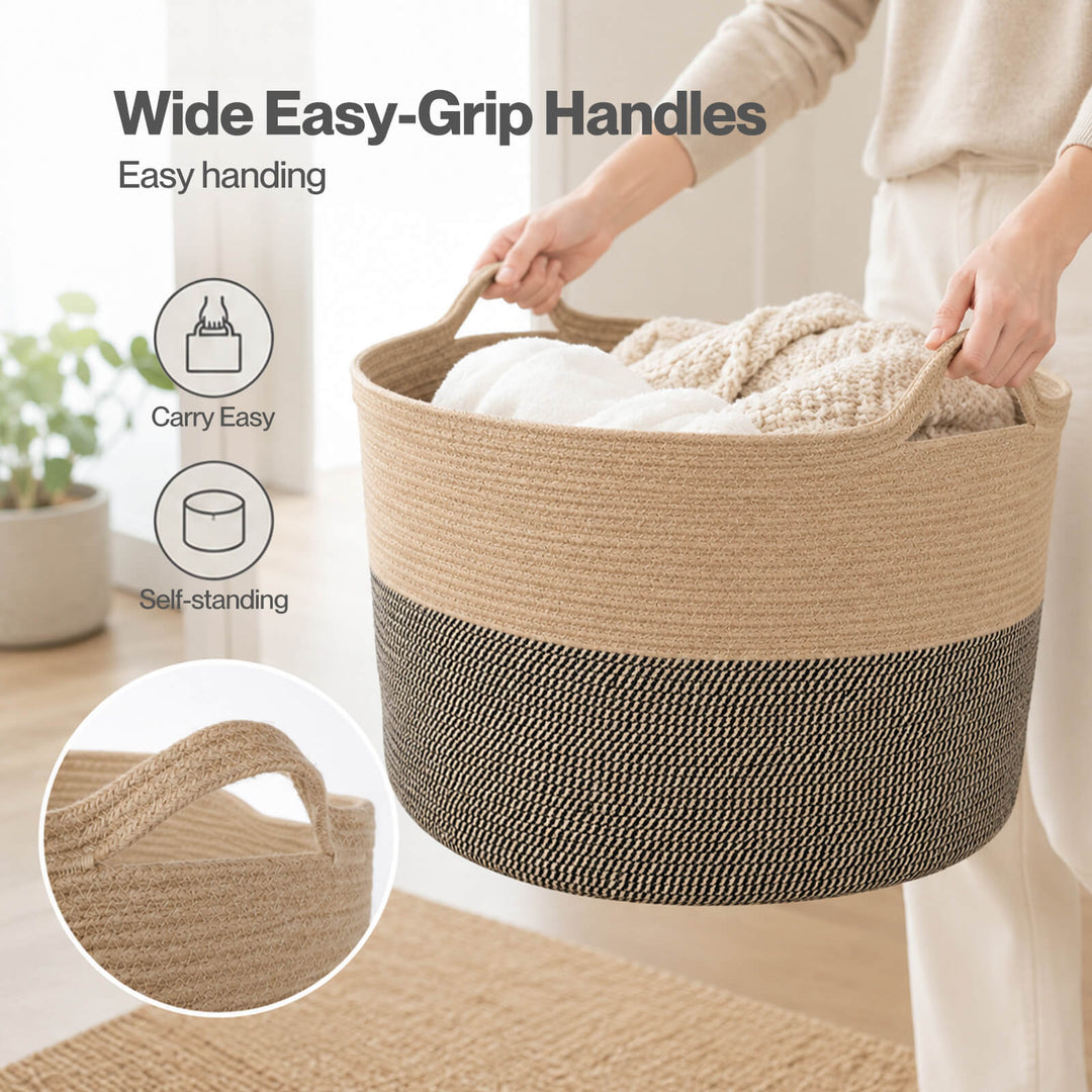 Blanket Basket Large Cotton Rope Jute with Handles Foldable Home Yellow