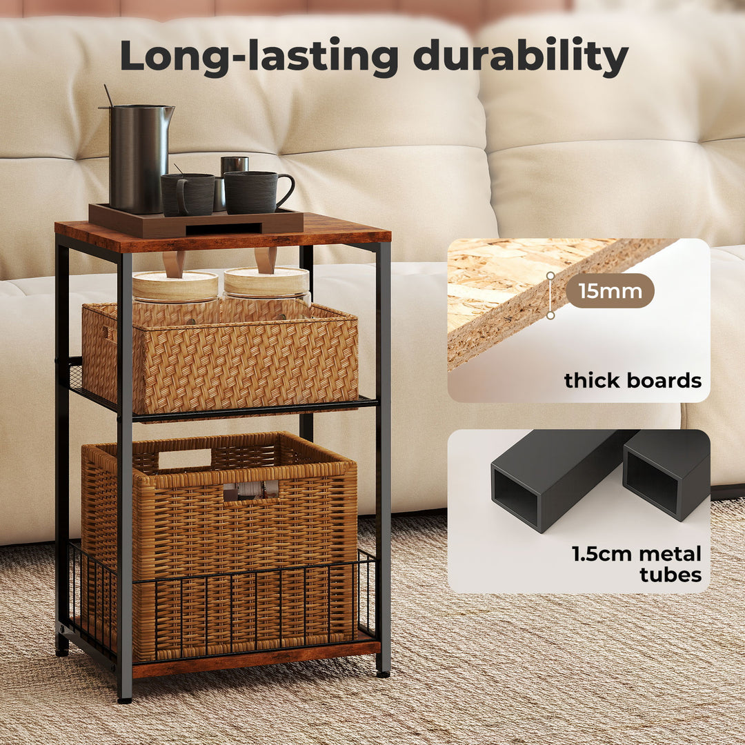 Side Table Bedside End Table 3 Tier Metal Wood Storage Vintage Brown