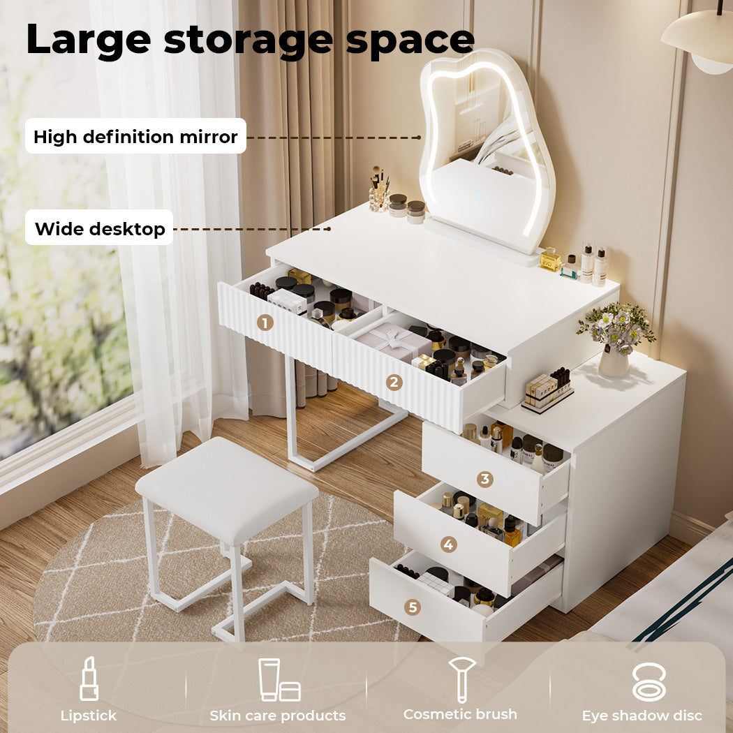 Levede Dressing Table Stool Set with Mirror Led Makeup Vanity Desk Drawers White