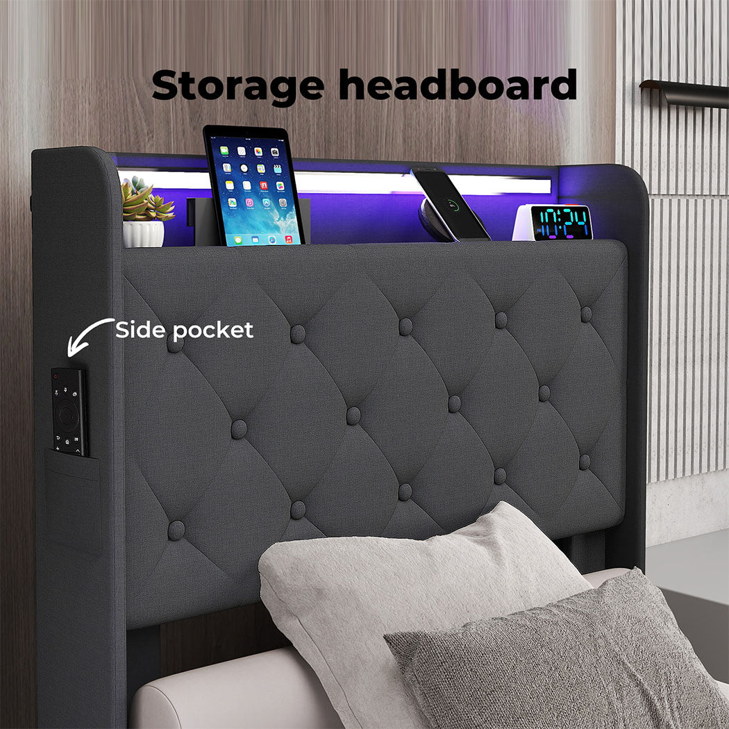 Single Gas Lift Storage Bed with LED Light Headboard.