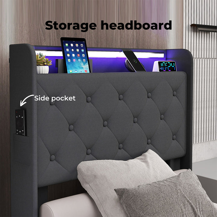 Single Gas Lift Storage Bed with LED Light Headboard.