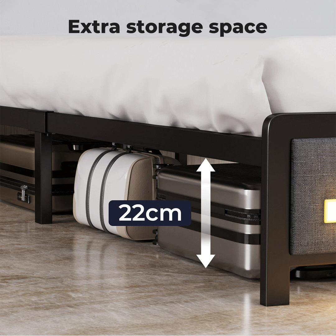 Bed Frame Linen Upholstered Storage Headboard LED Charging 2 Ports