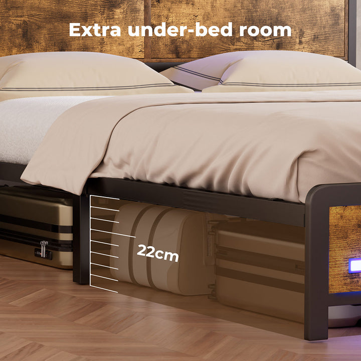 King Bed Frame Storage Headboard Shelf Industrial RGB Light LED Charging