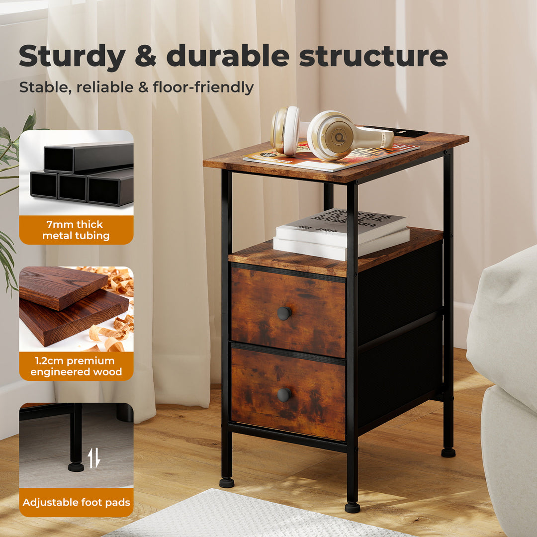 Bedside Table Side Table Storage Cabinet USB Charge Table 2 Drawers Brown