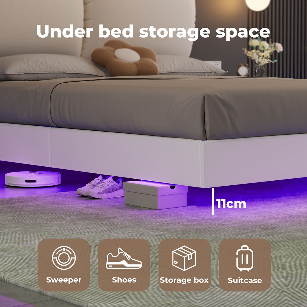 Floating Bed Frame With RGB LED Light Headboard Base Platform Double
