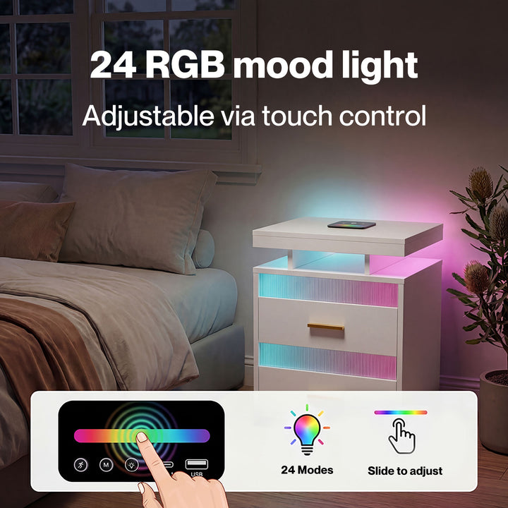 Smart Bedside Table Motion Sensor Charging Modern Nightstand RGB Bedroom