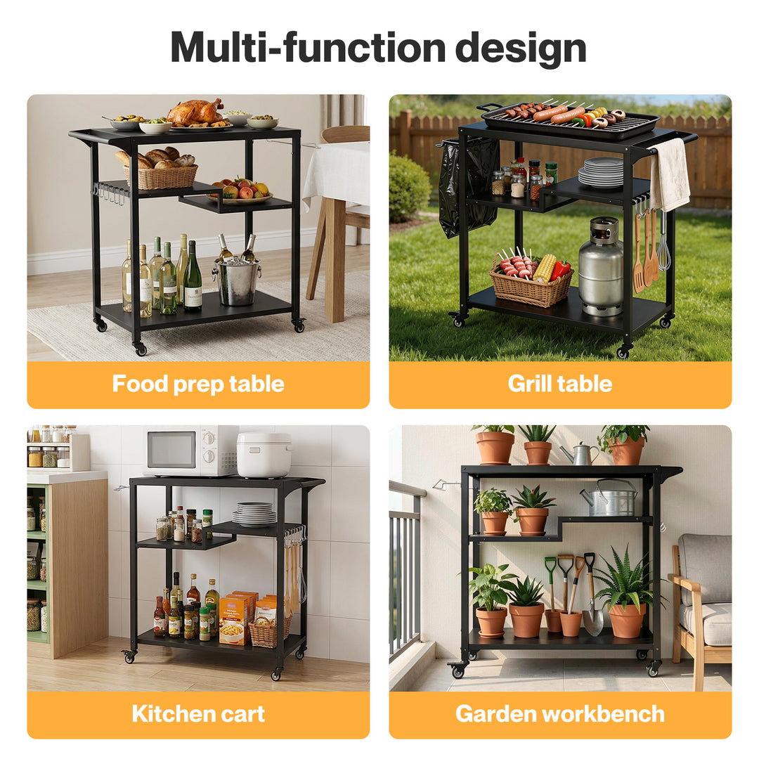 Outdoor Kitchen Cart 3 Tier BBQ Grill Cart Mobile Patio Serving Trolley
