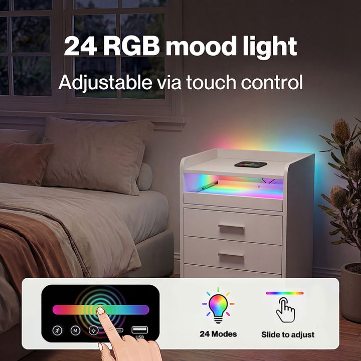 Smart Bedside Table USB Wireless Charging Motion Sensor Light Nightstand