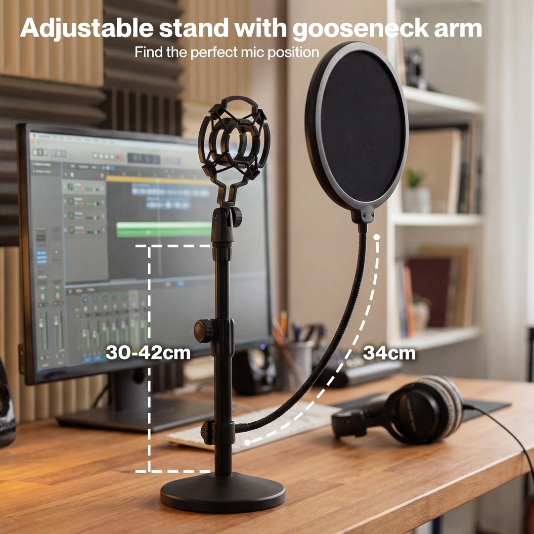 Desktop Microphone Stand Adjustable Pop Filter Shock Mount Base Kit Black