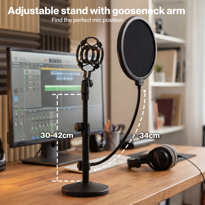 Desktop Microphone Stand Adjustable Pop Filter Shock Mount Base Kit Black