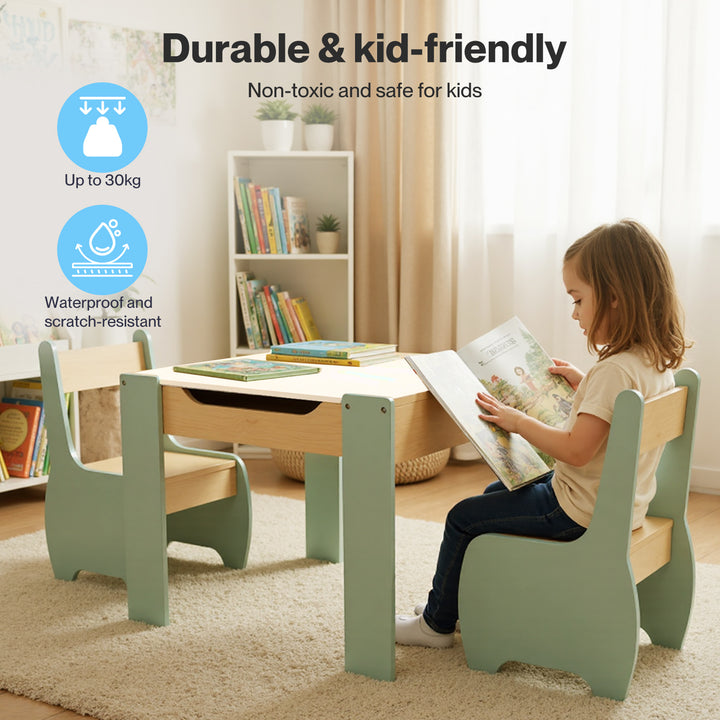 Kids Table and Chairs Set 3-in-1 Chalkboard Storage Learning Dining Desk