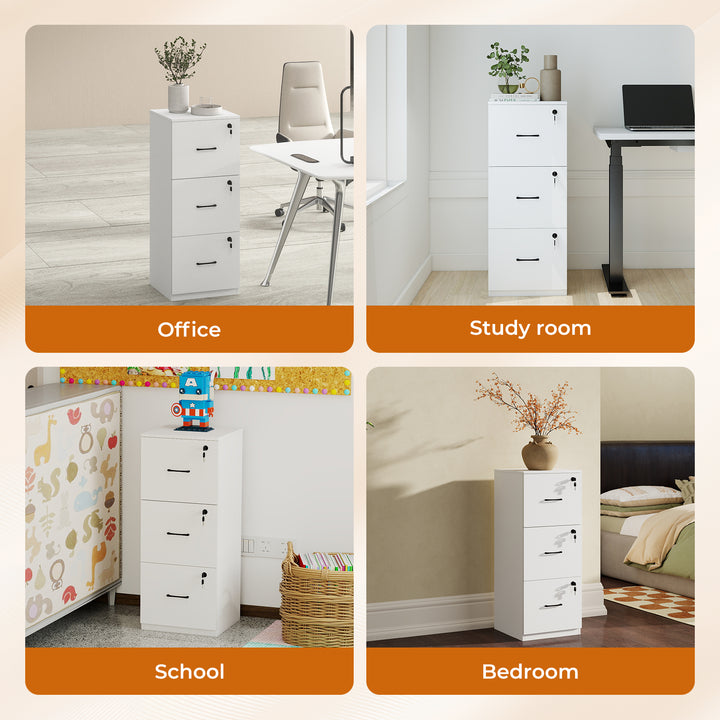 File Cabinet 3 Lockable Drawers Modern Filing Storage Home Office White