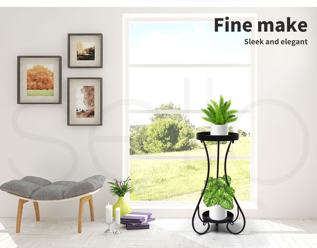 Plant Stand 2 Tiers Outdoor Indoor Metal Flower Pots Rack Garden Black