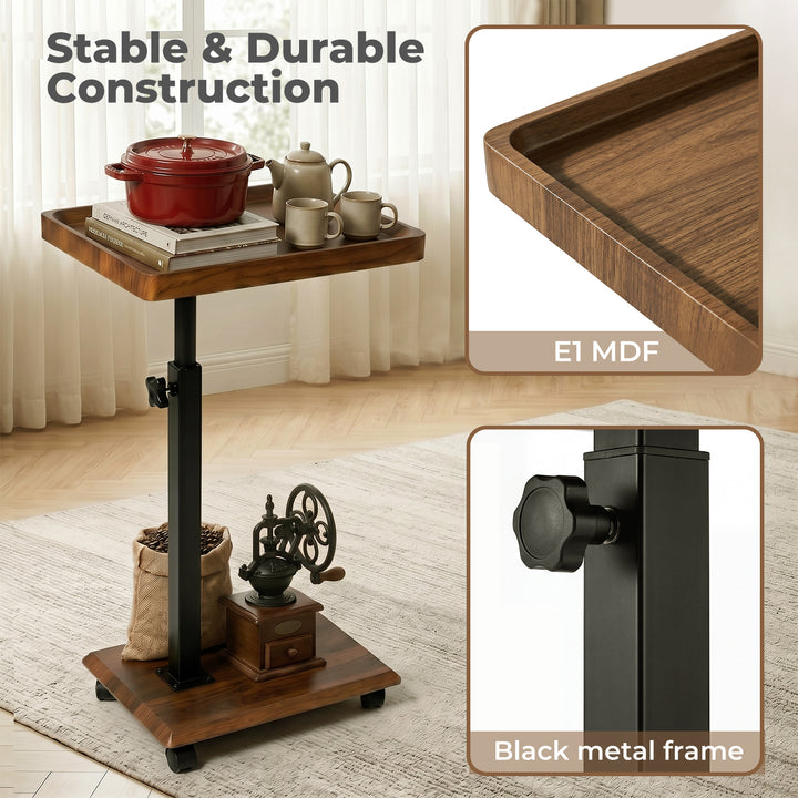 C Shaped Side Table Height Adjustable Rolling 360° Swivel Top End Table