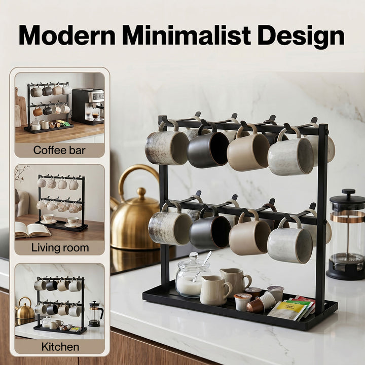 Mug Rack 2 Tier 16 Hook Metal Coffee Cup Holder Stand Organizer Kitchen