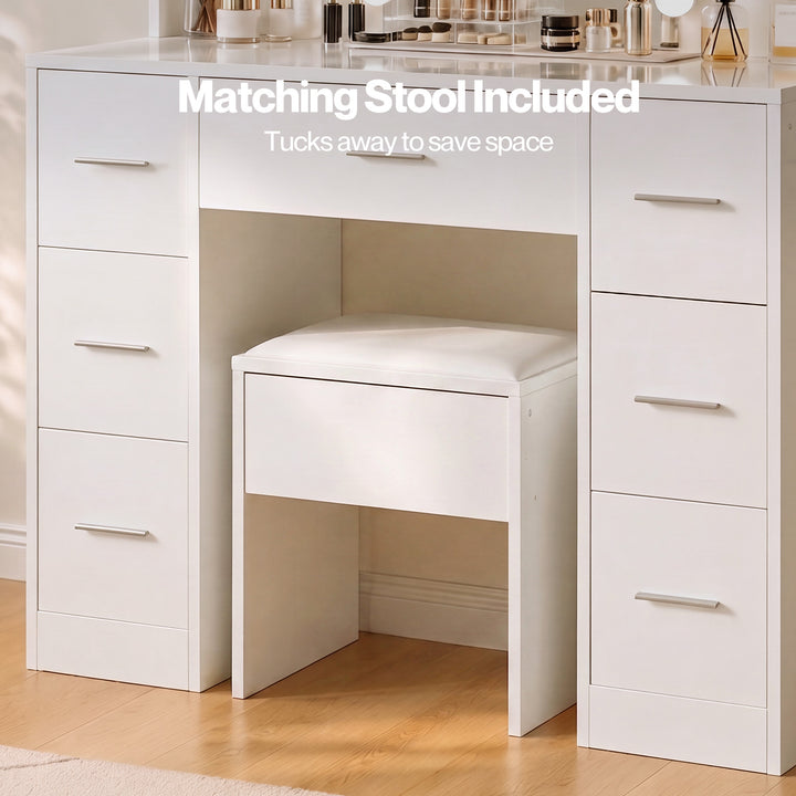 Dressing Table Makeup Vanity with Lights Glass Desktop 7 Drawers White