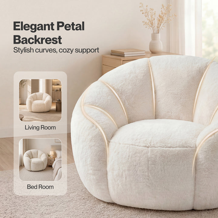 Bean Bag Chair Faux Rabbit Fur Floral Shaped Reading Sofa Chair White