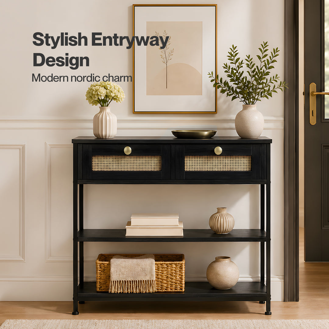 Console Table with Drawers 3-Tier Slim Hallway Table 80cm Entryway Black