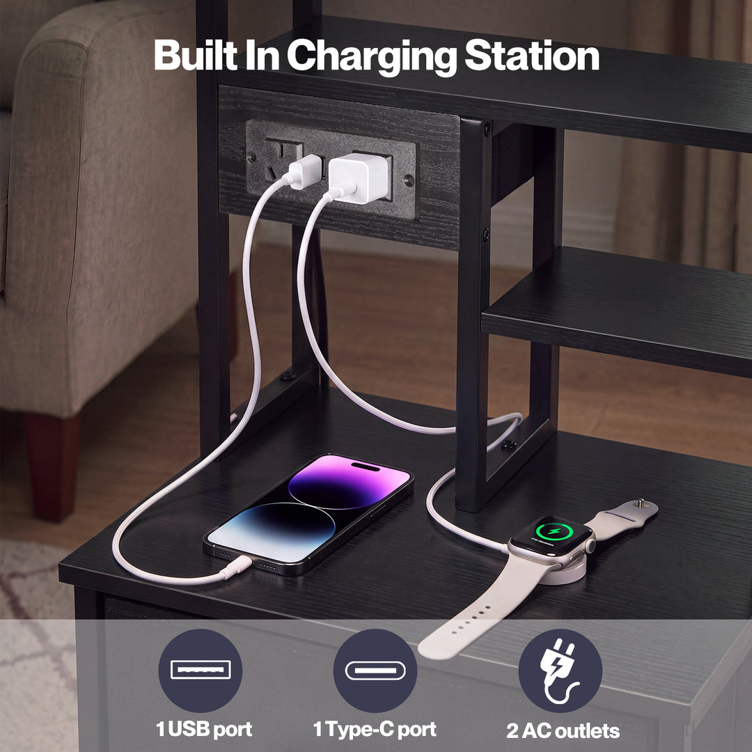 Bedside Table with Charging Station 3 Drawer RGB Light Night Stand Black