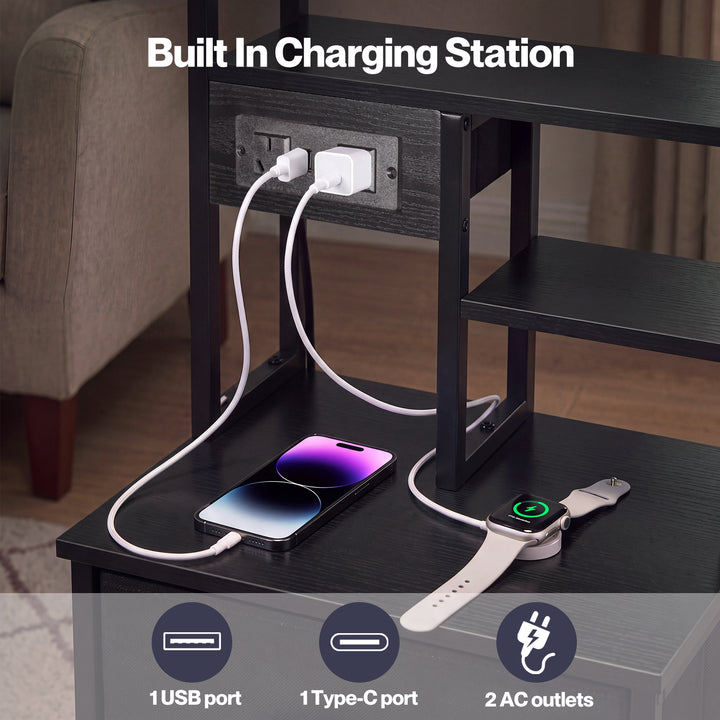 Bedside Table with Charging Station 3 Drawer RGB Light Night Stand Black