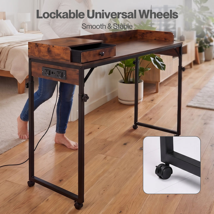 Overbed Table 180cm 84-109cm Mobile with Charging Station Bedroom Brown