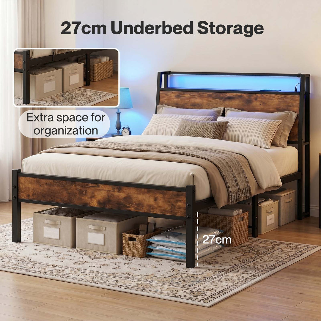 Levede Single Bed Frame LED Lights USB Charging Storage Headboard Metal Platform