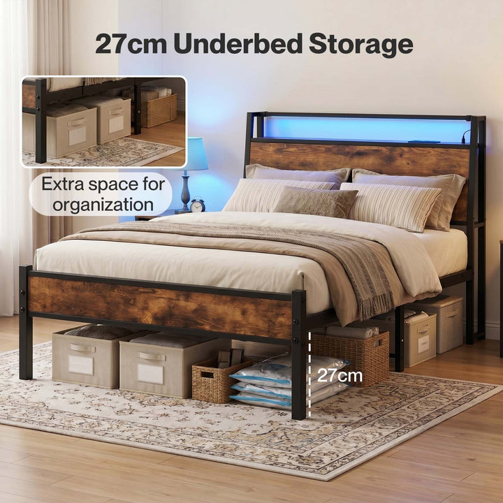 Levede Single Bed Frame LED Lights USB Charging Storage Headboard Metal Platform