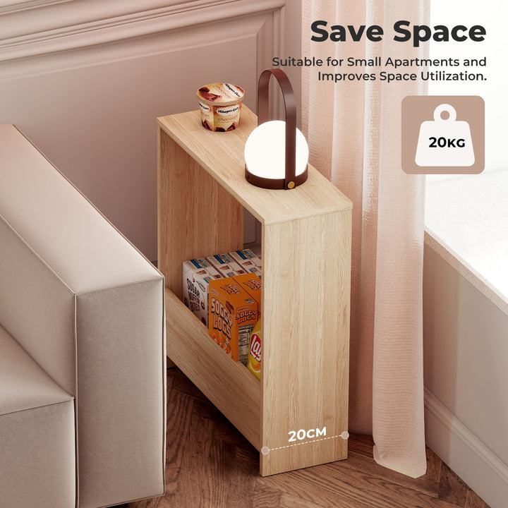 Side Table with Magazine Rack Small End Table Narrow Coffee Table Oak