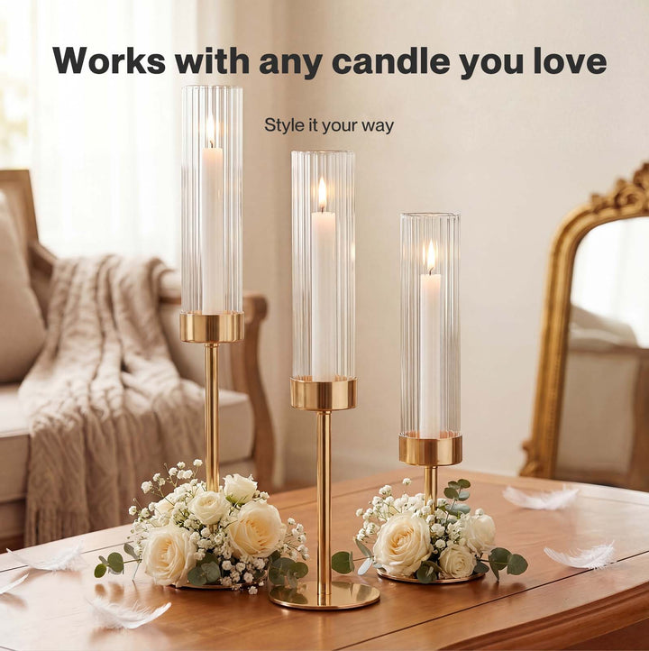 Candle Holder 3Pc Removable Windproof Glass Shade Metal  Gold
