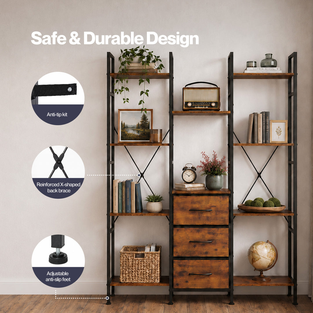 Bookshelf 10 Open Cubes 3 Fabric Drawers Wood Black