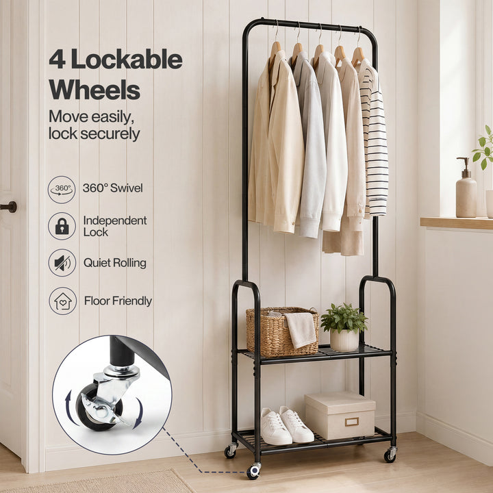 Clothes Rack Heavy Duty Garment Rack 2 Shelf Locking Wheels Bedroom Black