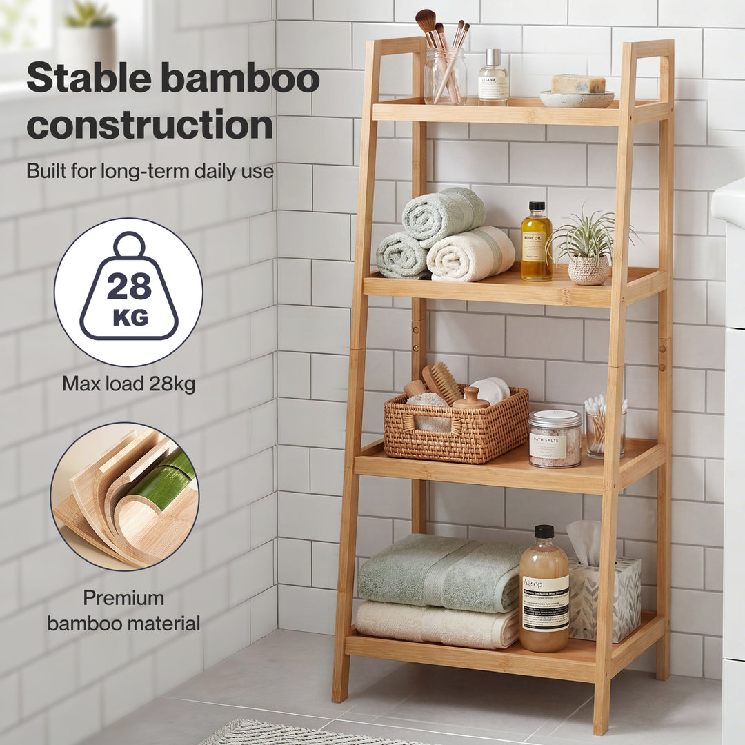 Bamboo Ladder Bookcase 4-Shelf Books Plant Storage Shelf Rack Organiser