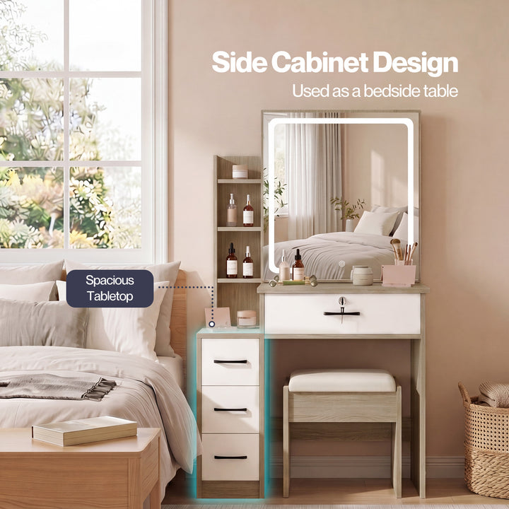 Dressing Table Vanity Stool Set Sliding LED Mirror Makeup Storage Shelves