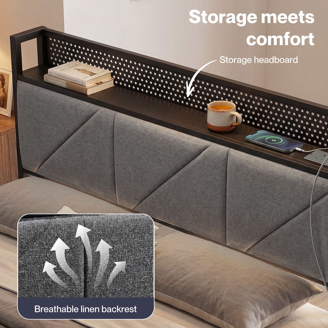 Floating Bed Frame Double LED USB Power Storage Headboard Metal Base
