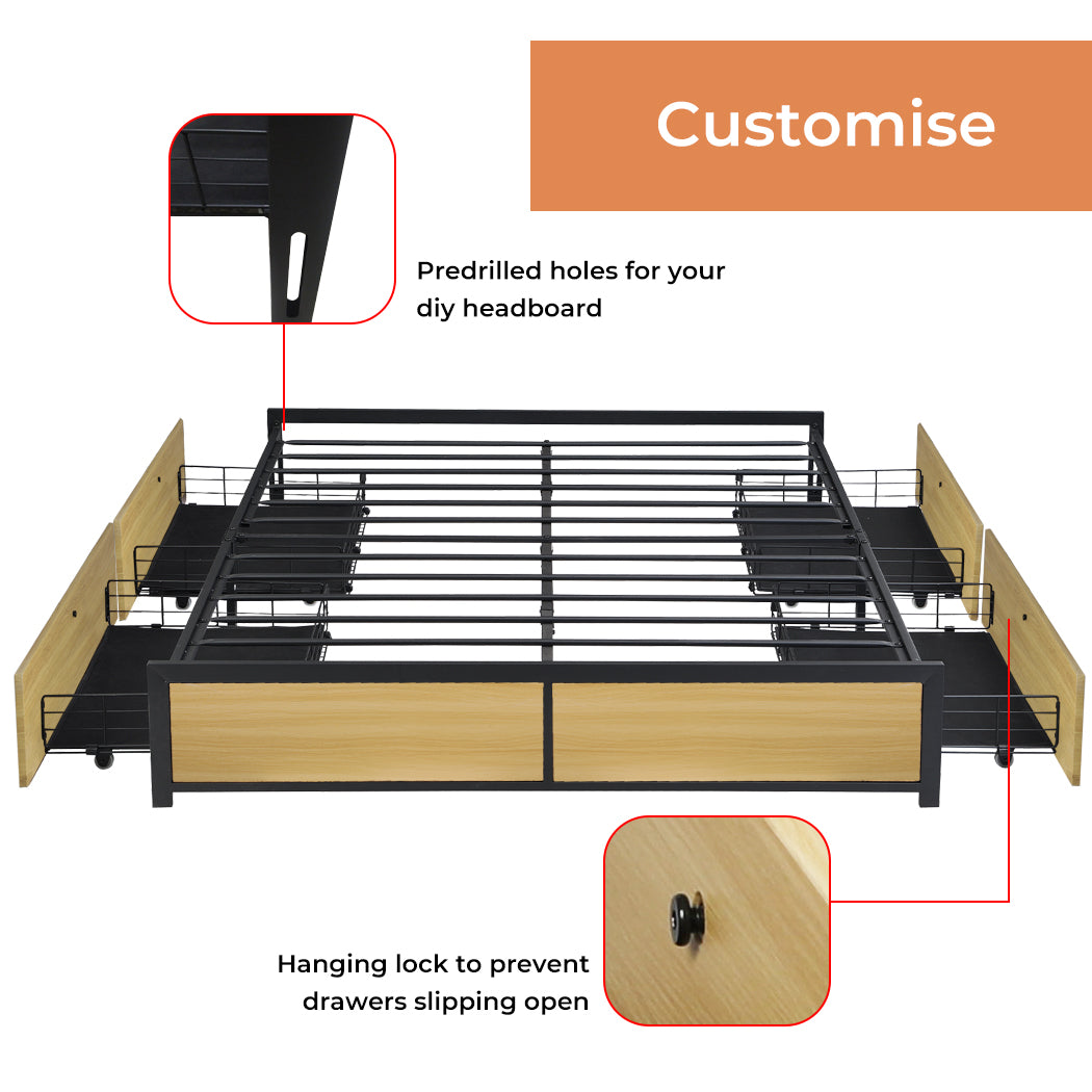 Metal Bed Frame Mattress Base Platform Wooden 4 Drawers Queen Bedding