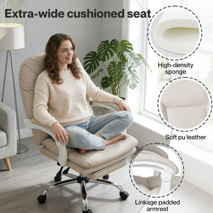 Executive Office Chair Footrest PU Leather Tilt Gaming Work Seat Beige