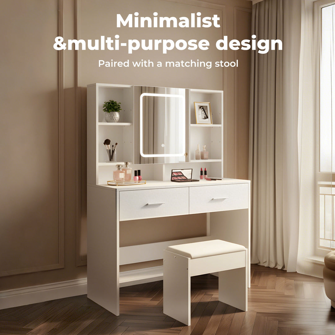 Dressing Table Stool Set with  Makeup Mirror Vanity Desk Cabinet White