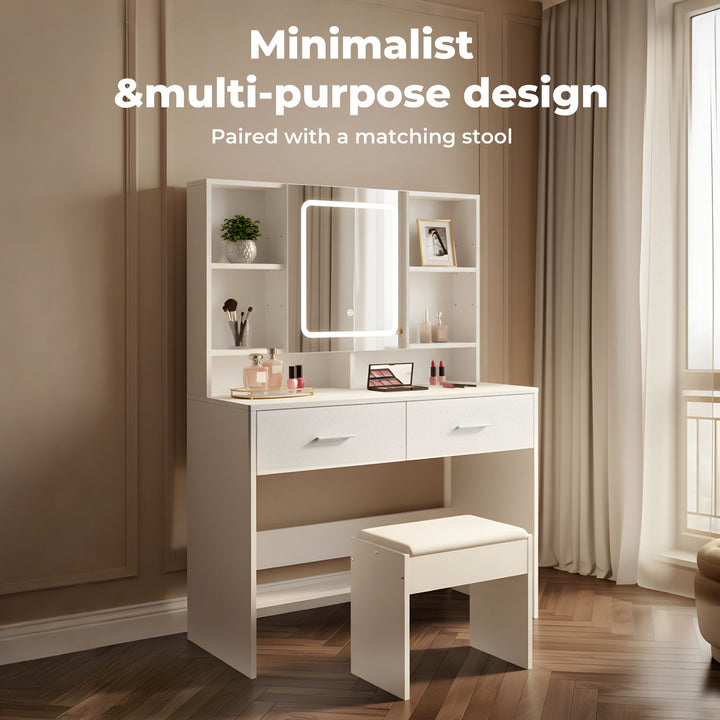 Dressing Table Stool Set with  Makeup Mirror Vanity Desk Cabinet White