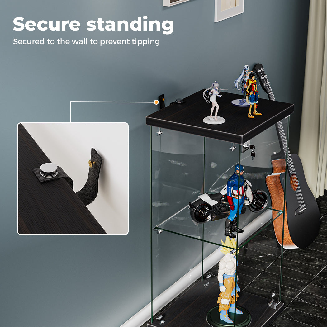 Display Cabinet Collection Storage Tempered Glass 2 Tier With Lock Black