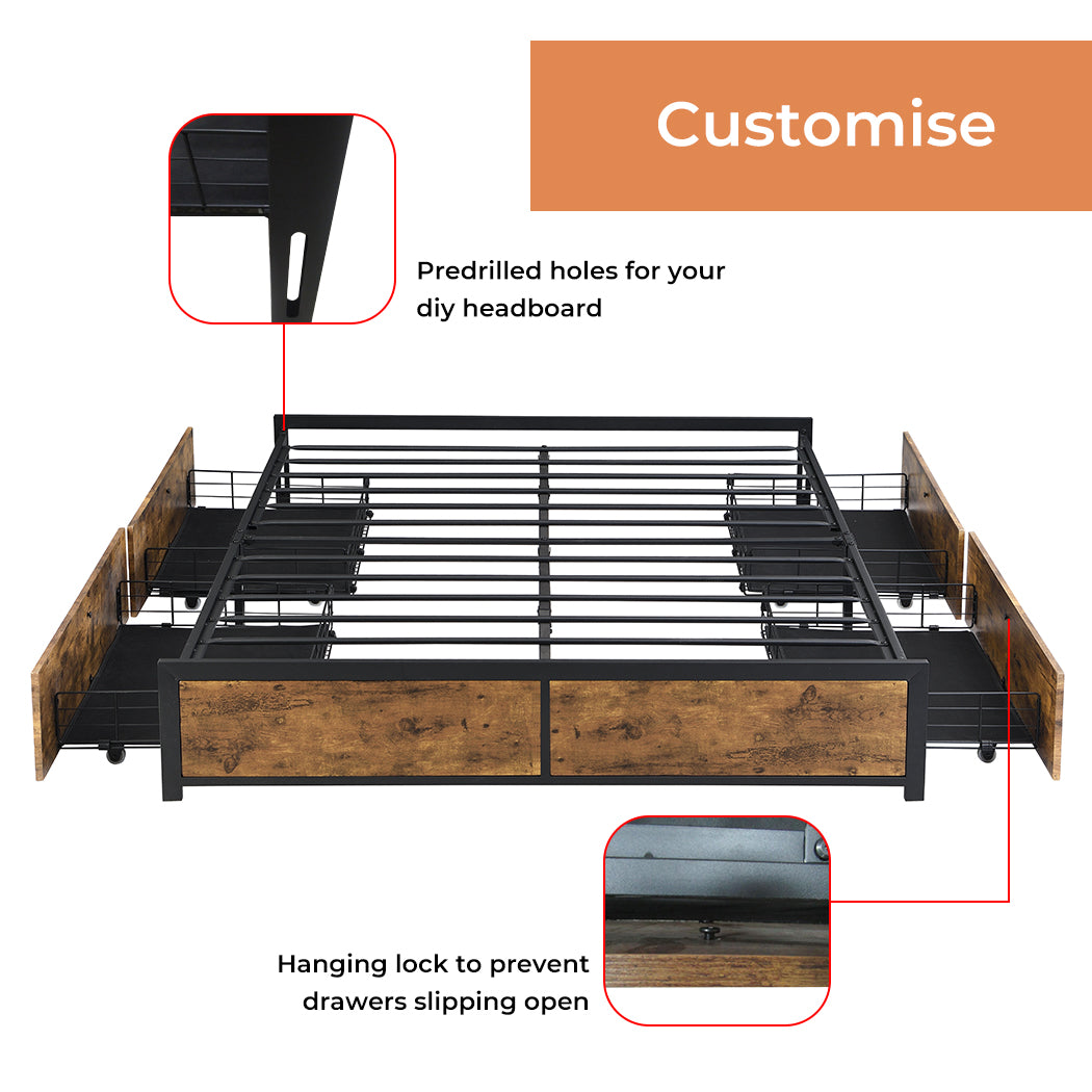 Levede Metal Bed Frame Mattress Base Platform Wooden 4 Drawers Rustic