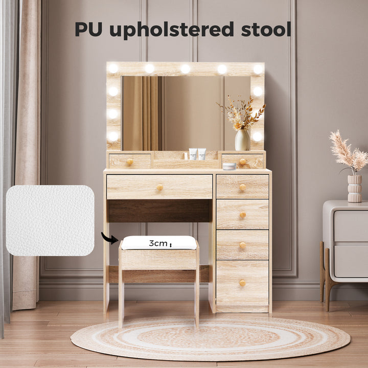 Dressing Table Stool Set 11 Bulbs Makeup Mirror Vanity Desk Cabinet Oak