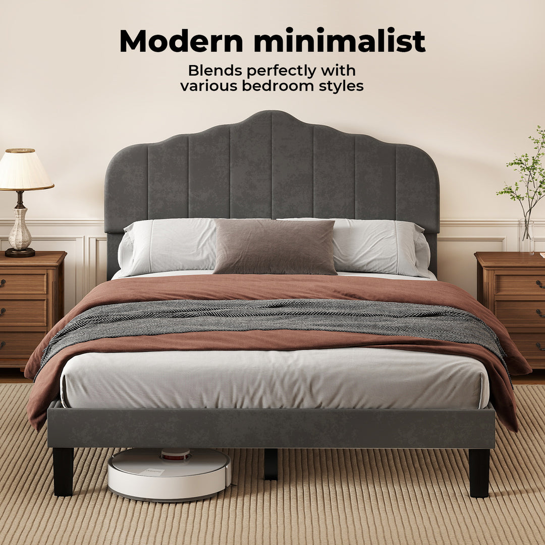 Bed Frame Linen Fabric Upholstered Platform Wooden Mattress Base