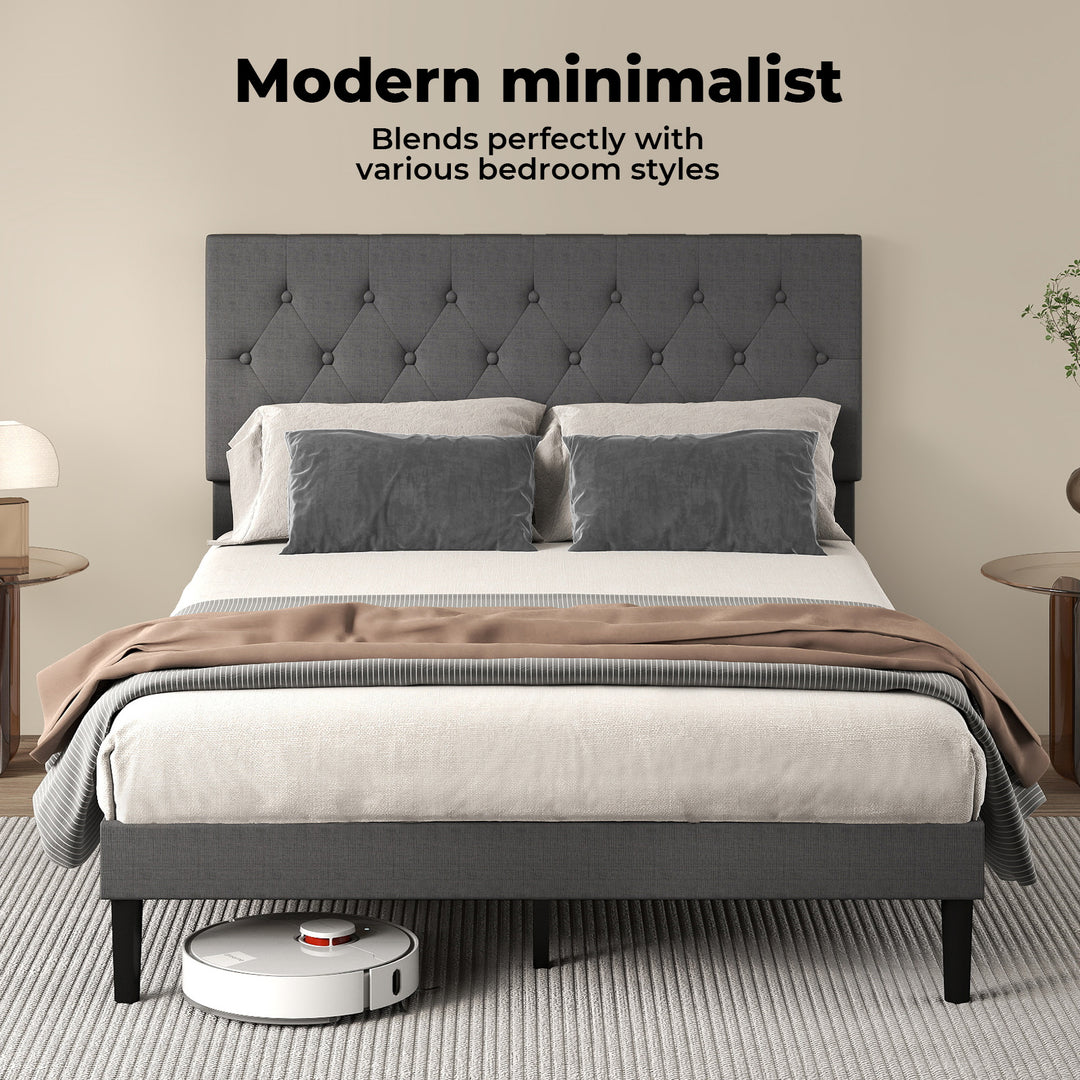 Bed Frame Upholstered Headboard Bedroom Mattress Base Dark Grey