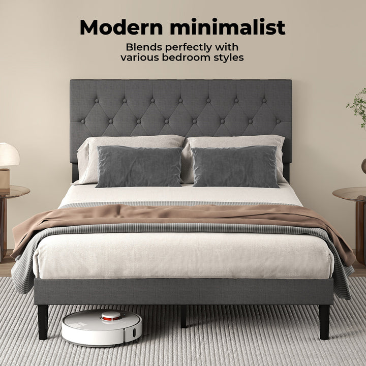 Bed Frame Upholstered Headboard Bedroom Mattress Base Dark Grey