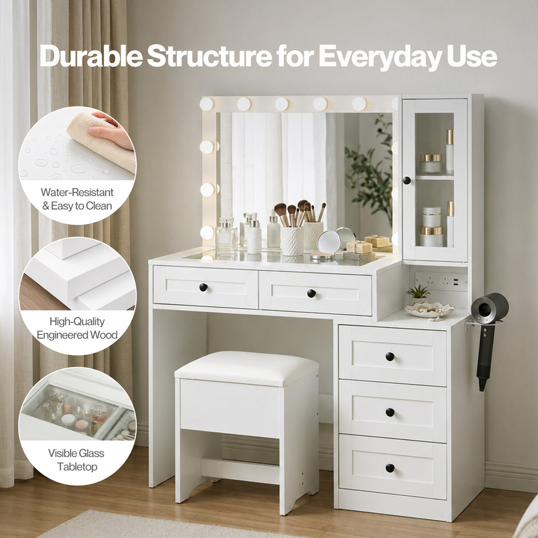 Dressing Table Vanity Desk with LED Mirror 5 Drawers Charging White