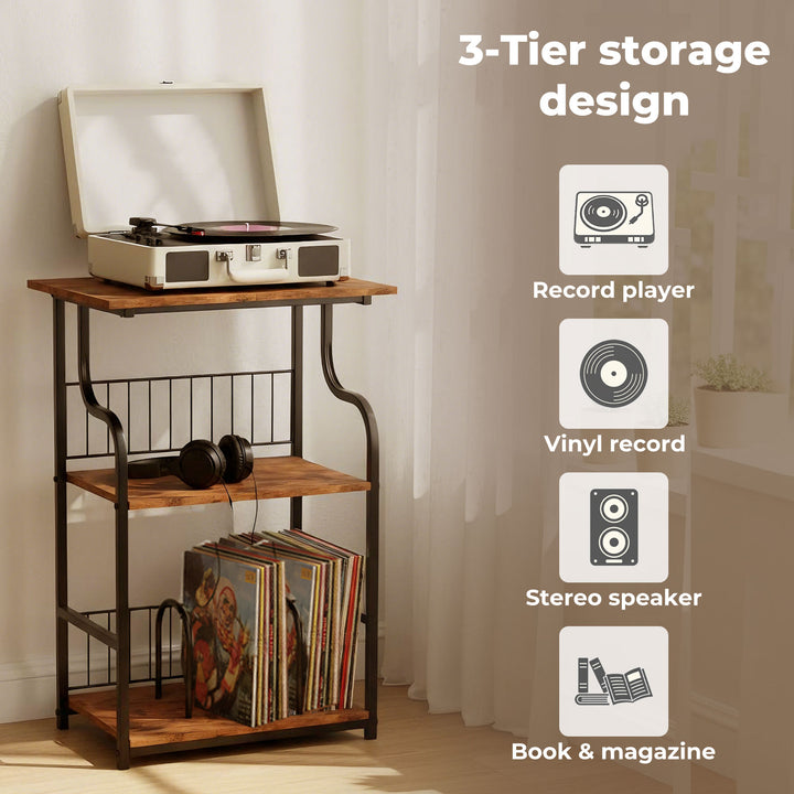 Side Table 3-Tier Storage Shelf Modern Wood Record Player Table Brown