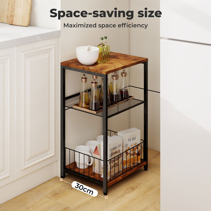 Side Table Bedside End Table 3 Tier Metal Wood Storage Vintage Brown