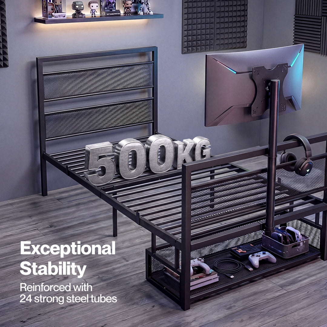 Levede Gaming Bed Frame Rotating TV Mount Storage Metal Single Bed 32in Bedroom
