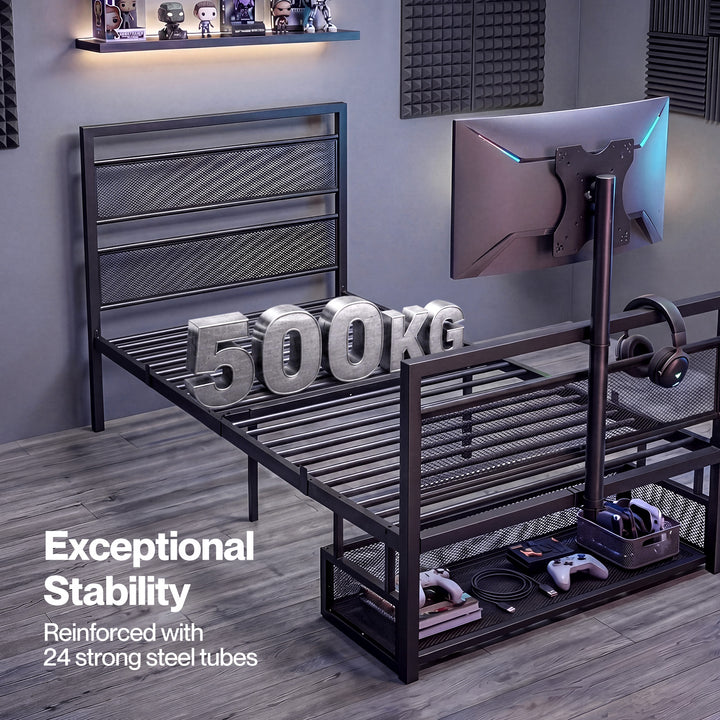 Levede Gaming Bed Frame Rotating TV Mount Storage Metal Single Bed 32in Bedroom